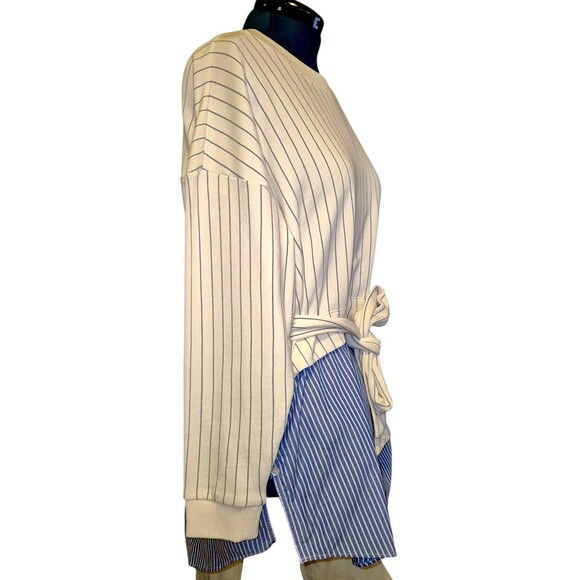 Anthropologie French Terry Twofer Sweatshirt Top Layered Cream Blue Striped XL - Picture 6 of 7